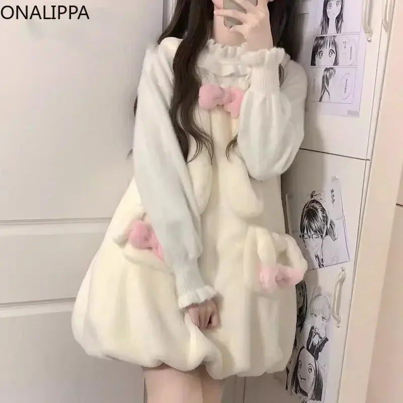 Onalippa Fiocchi pelosi Kawaii Mini abito Vento delicato Grandi orecchie Colletto quadrato Petalo Abiti Coreano senza maniche Abiti larghi Donna