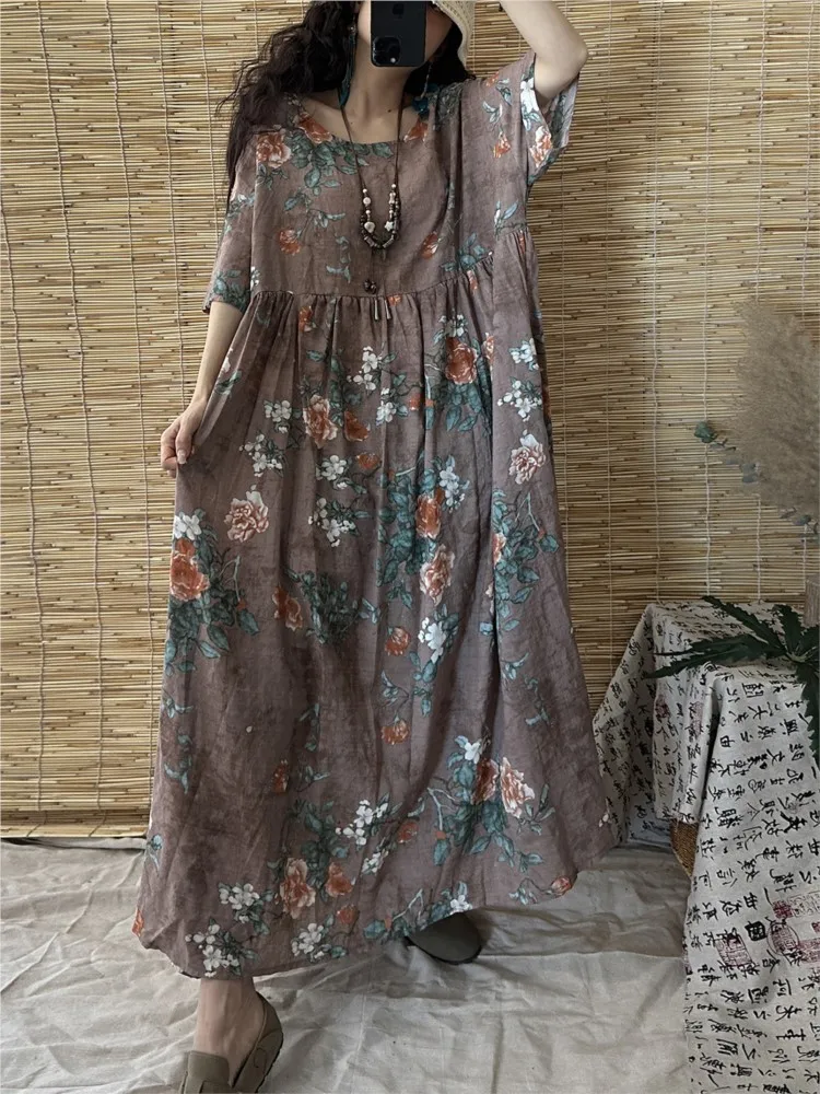 فستان صيفي كبير الحجم مطبوع عليه زهور فستان نسائي فضفاض مكشكش فساتين نسائية غير رسمية فستان طويل على شكل حرف a