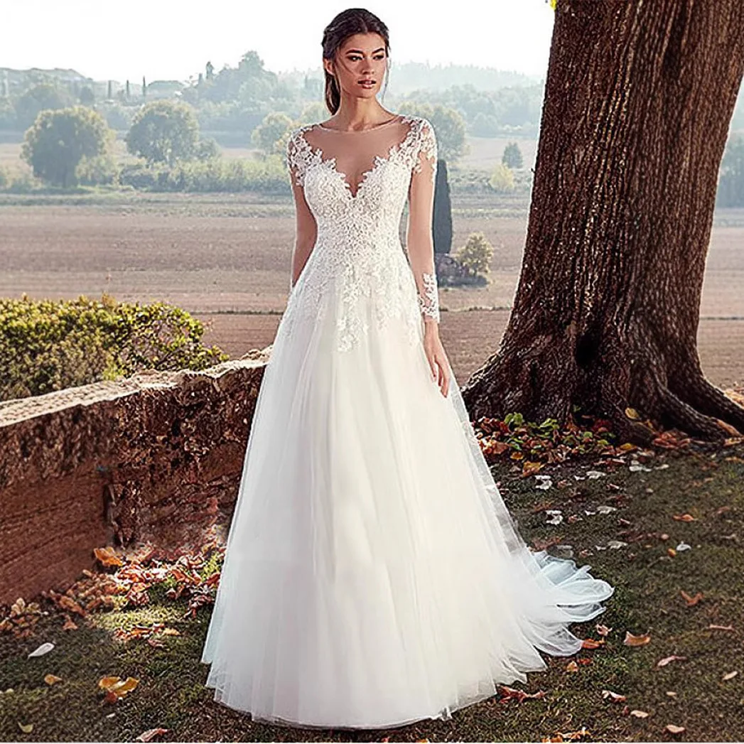 

Свадебное платье 2025 года, новое кружевное свадебное платье трапециевидной формы с высоким U-образным вырезом и хвостом