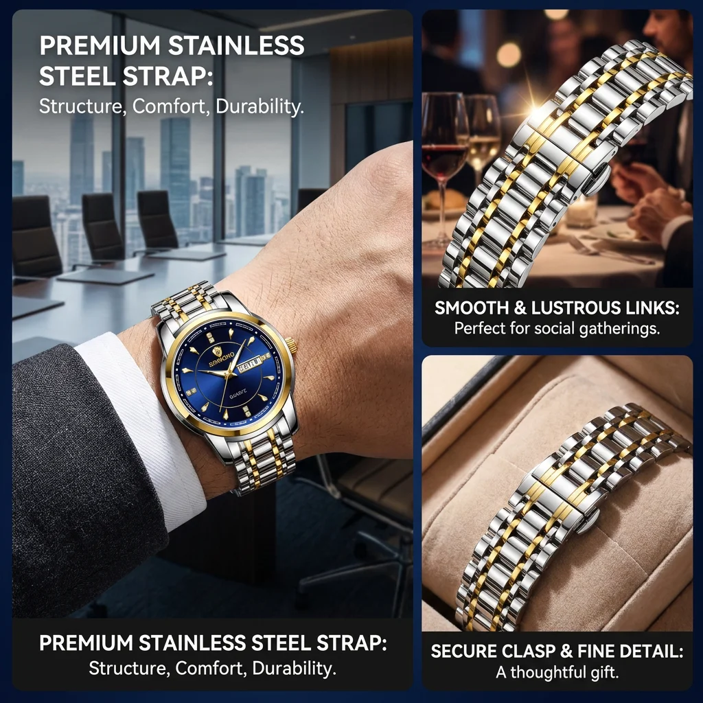 1pcs Men Watch Fashion Two Tone Strap Blue Dial Double Calendar Quartz Wristwatch Daily Business Casual Wear Clear Displ