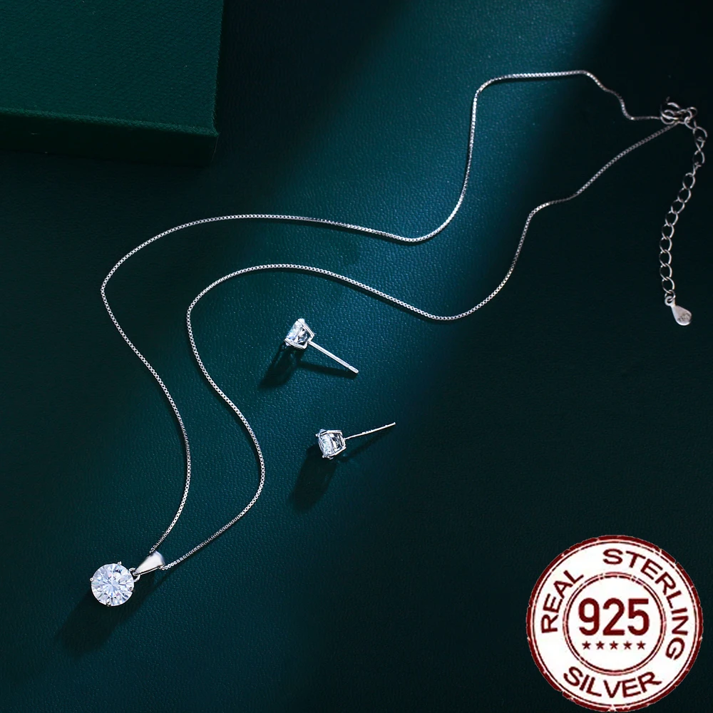 CWWZircons النقي 925 فضة تألق مكعب مستدير من الزركونيوم قلادة بسيطة أقراط للنساء مجموعات مجوهرات الزفاف ST010 #6