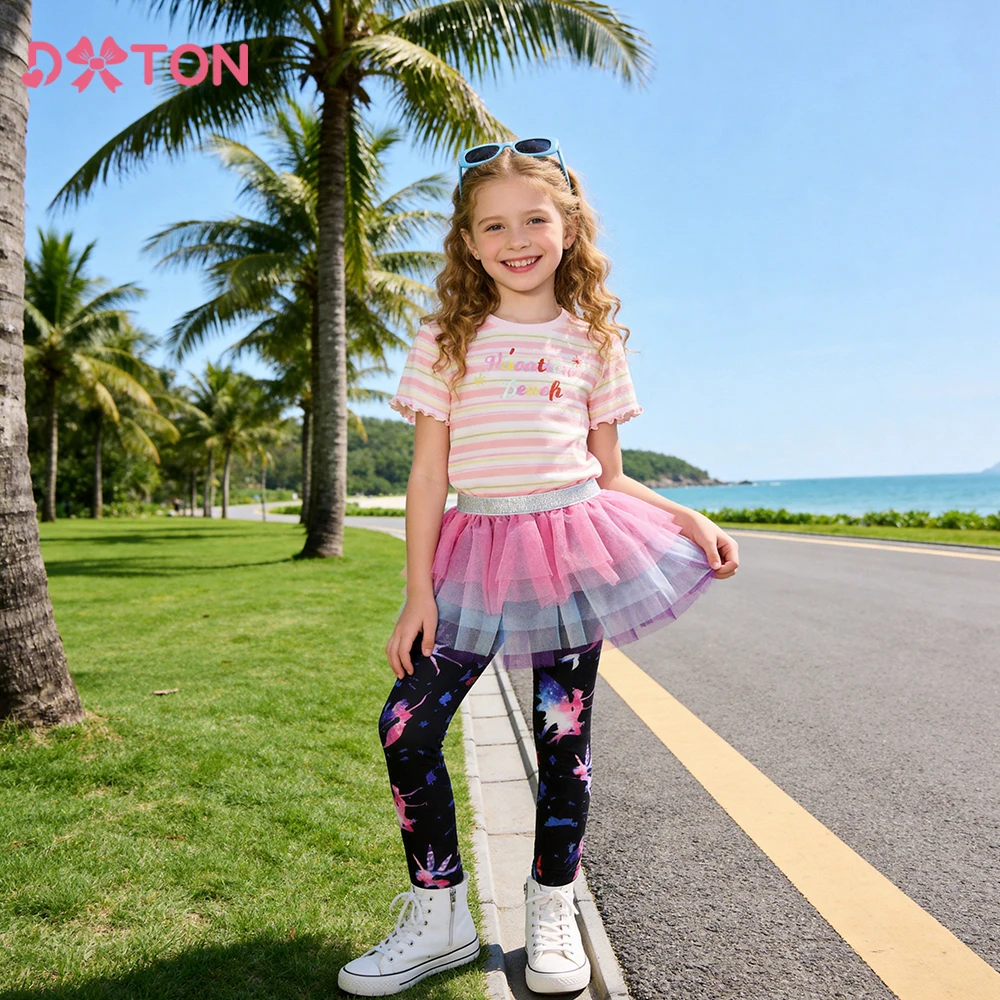 DXTON Children Long Trousers Girls Pencil Leggings with Mesh Skirts Fake Two Kids Daily Wear Unicorn Cartoon Girls Pants Skirts