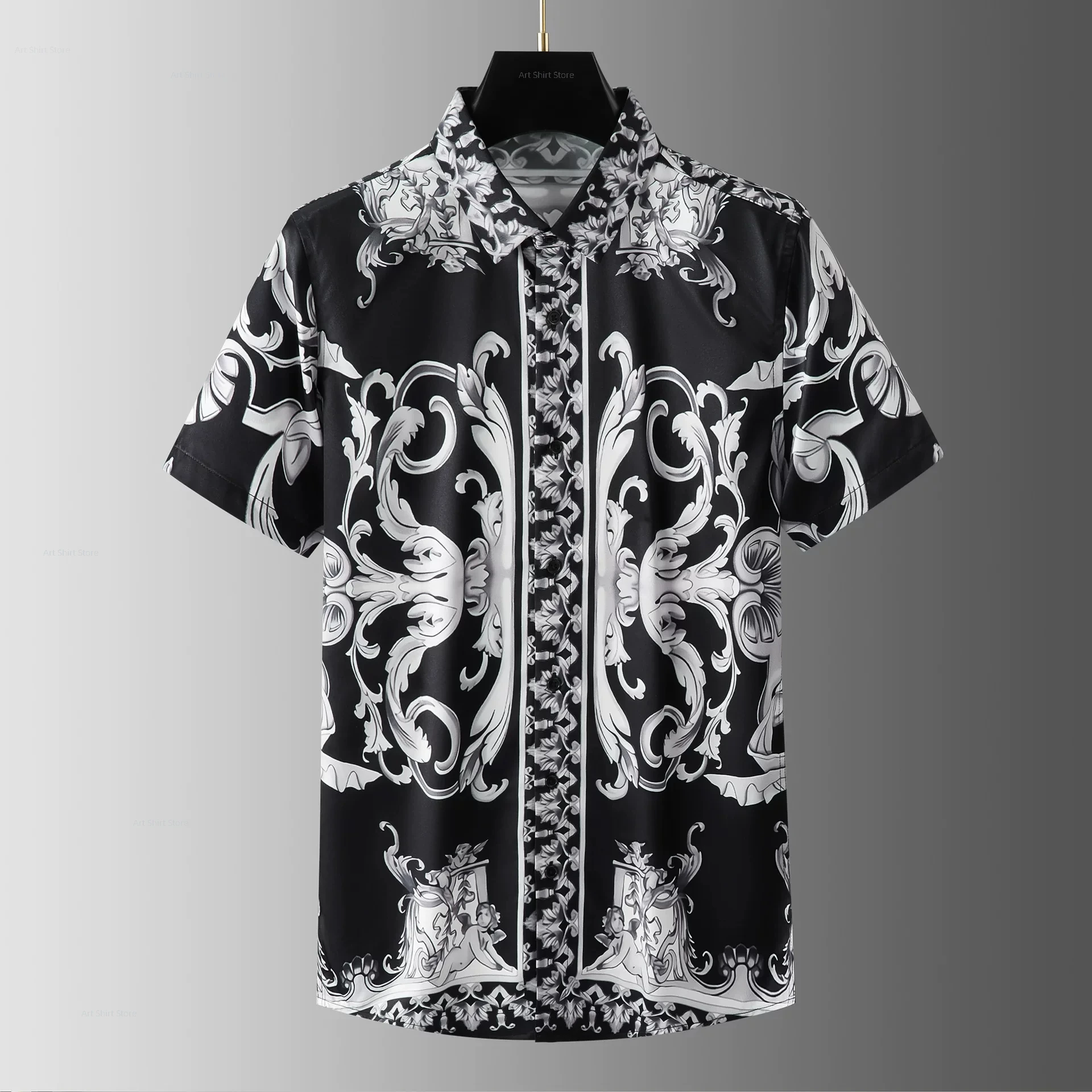 Black series summer fashionable court royal light luxury printed elastic slim-fitting fashionable men's short-sleeved shirt