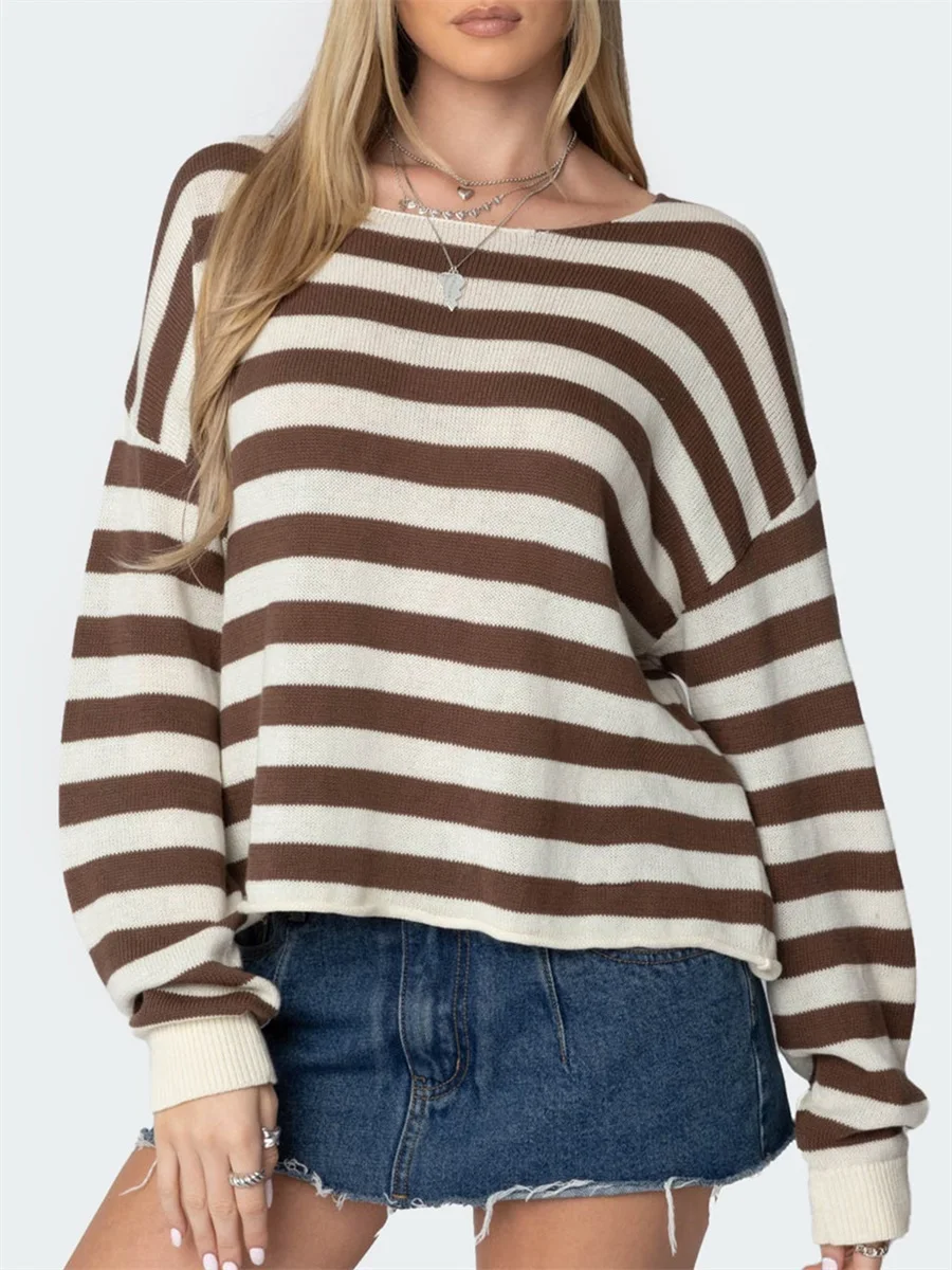 Comodo maglione pullover lavorato a maglia oversize da donna con scollo tondo a costine e design elegante a righe per abbigliamento casual autunno inverno