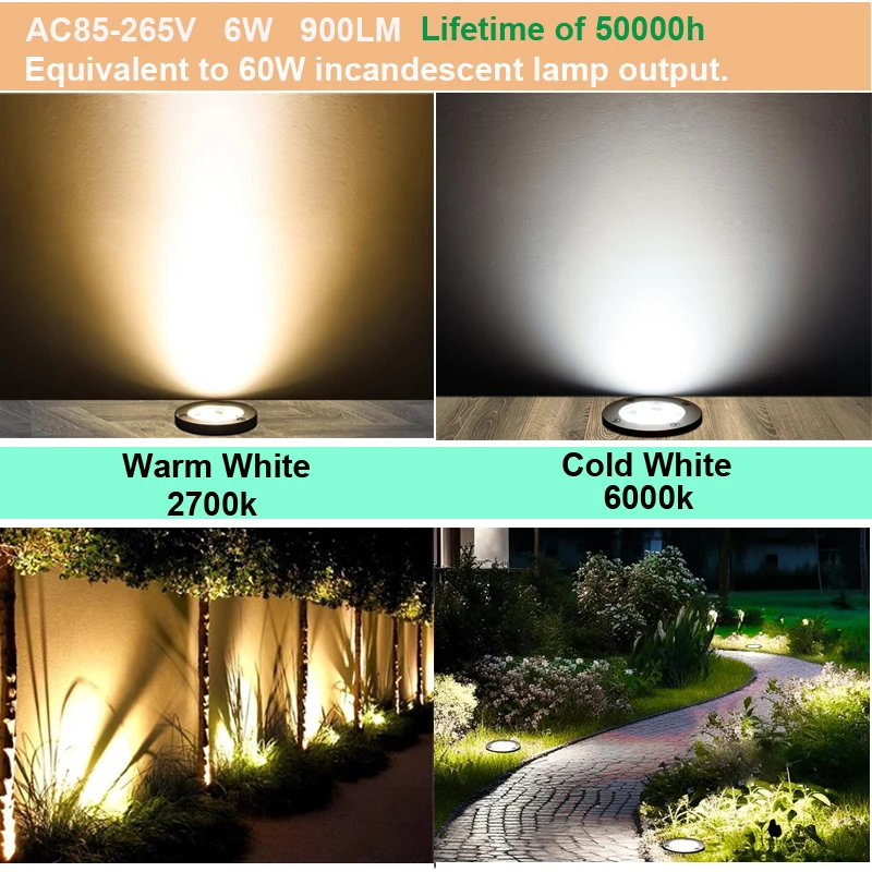 Landscape Light LED Underground Lamp 6W IP67 Waterproof Outdoor Spot Light for Ground Floor Well Deck Step Garden Warm White