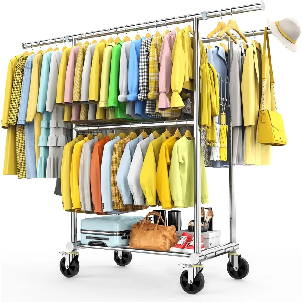 رف ملابس قابل للتمديد شديد التحمل من الفولاذ المقاوم للصدأ مع ثلاثة قضبان تعليق بسعة تحميل 960 رطل