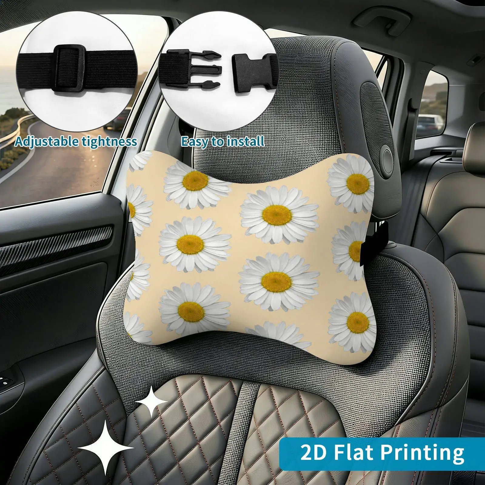 2pcs Daisy Floral Pattern Car Seat Headrest, Neck Support Cushion, Suitable For All Seasons Of Car Accessories, Daisy Theme, Tra