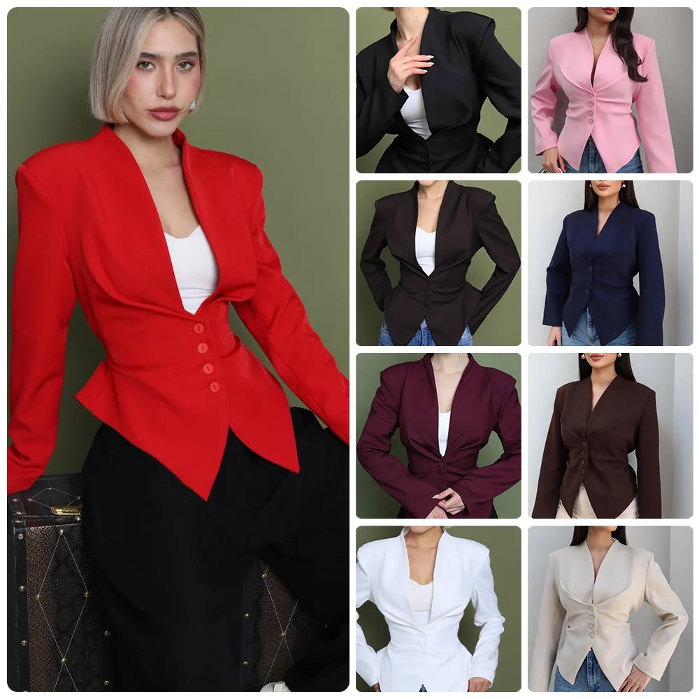 

2026 Spring Summer New Women Long Sleeve Top Waist Cinched V Neck Blazer Elegant Slim Fit Small Suit