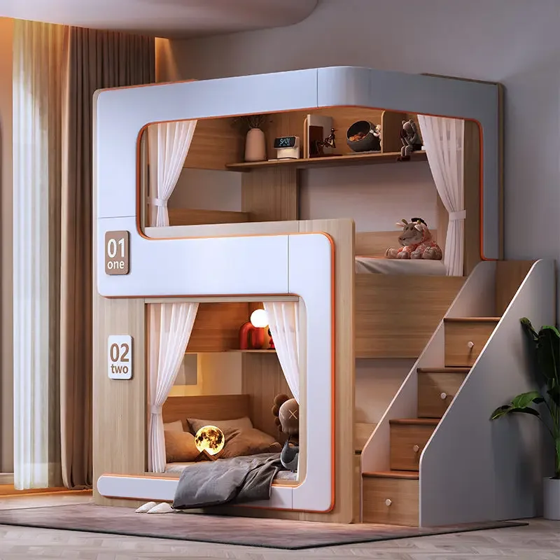 Simple small apartment bunk top and bottom bunk double-layer  suspended bed feeling high guardrail high and low