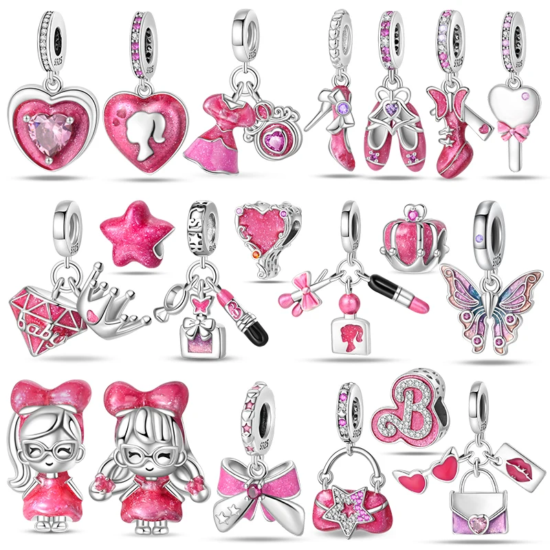 925 Sterling Silver Pink Handbag Lipstick Princess Dress Charms Beads For Pandora Original Bracelets DIY Make a lucky Gifts