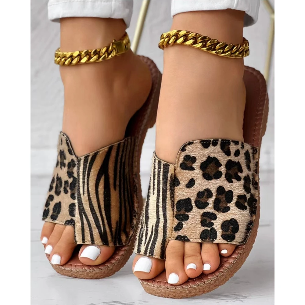 Summer Fashion Zebra Stripe Leopard Pattern Toe Post Slippers Beach Going Out Sandals Shoes