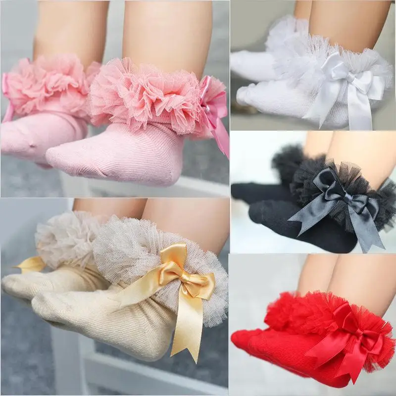 Baby Girls Socks With Bow Tie Lace Ruffle Princess Cotton Sock with Ribbons Multi Colors Princes socks