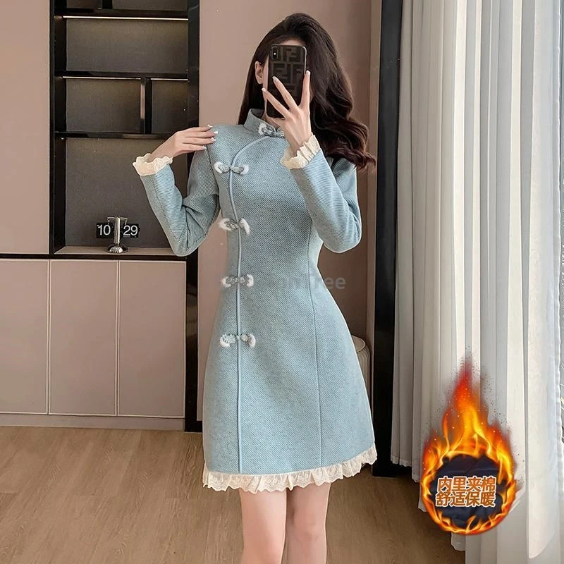 

2025 утепленное зимнее Ципао в стиле ретро, элегантное повседневное улучшенное китайское Ципао, модное женское платье с пряжкой в виде диска, литературное искусство