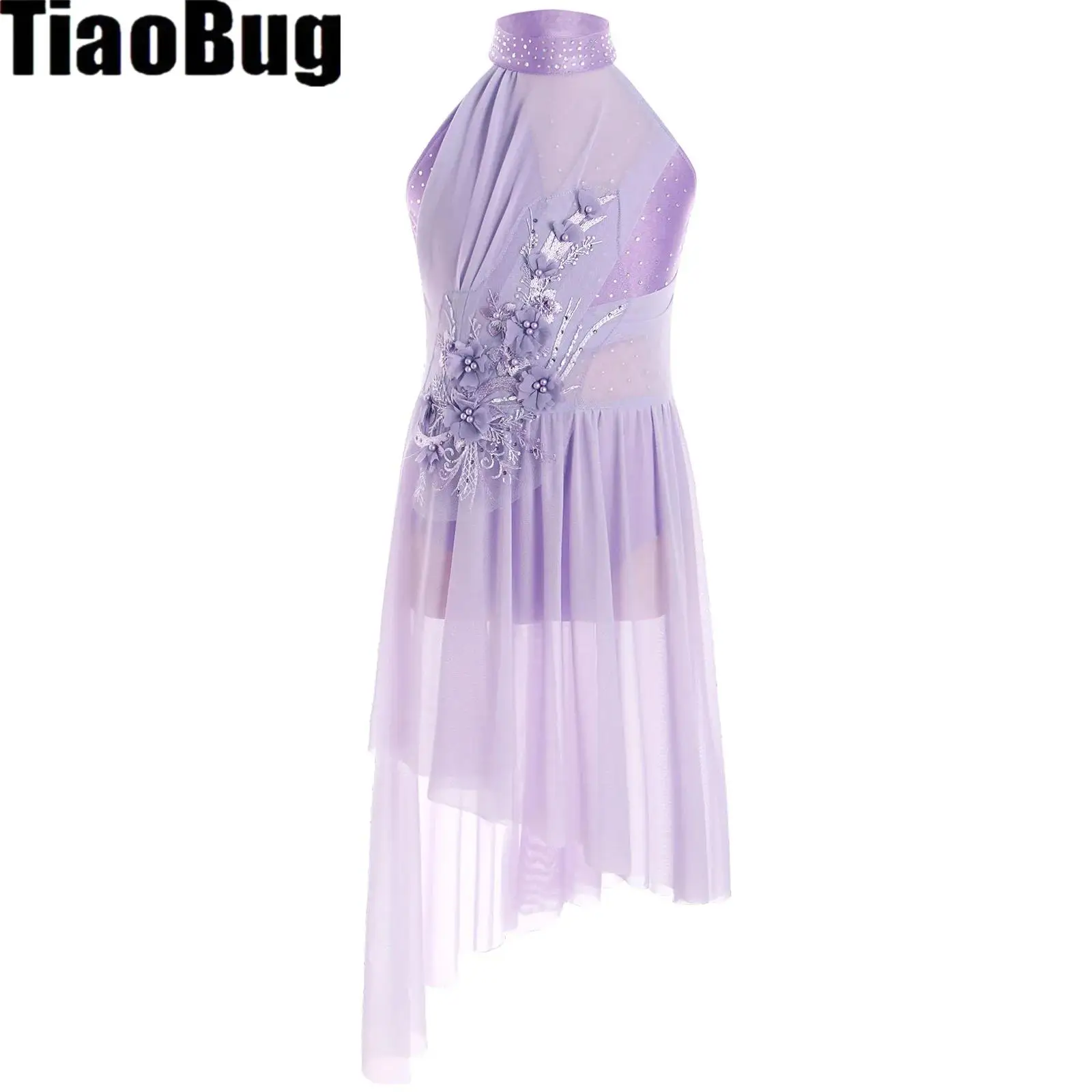 

Girls Rhinestones Ballet Dress Lyrical Dance Gymnastics Figure Skating Leotard Dress Sleeveless Irregular Applique Tulle Dresses