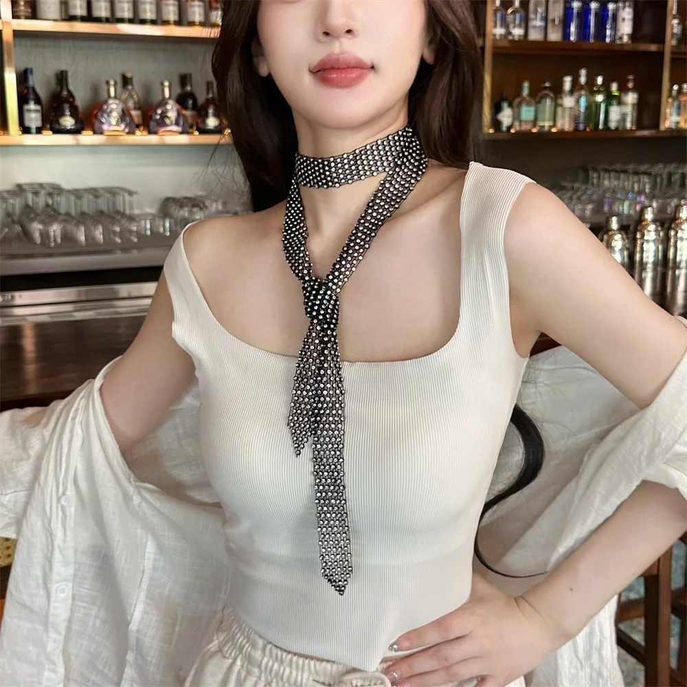 90/130/150 سنتيمتر حجر الراين التعادل أسود/أبيض ربطة العنق الطويلة الجوف خارج رائعة المبهر مزين التعادل #1