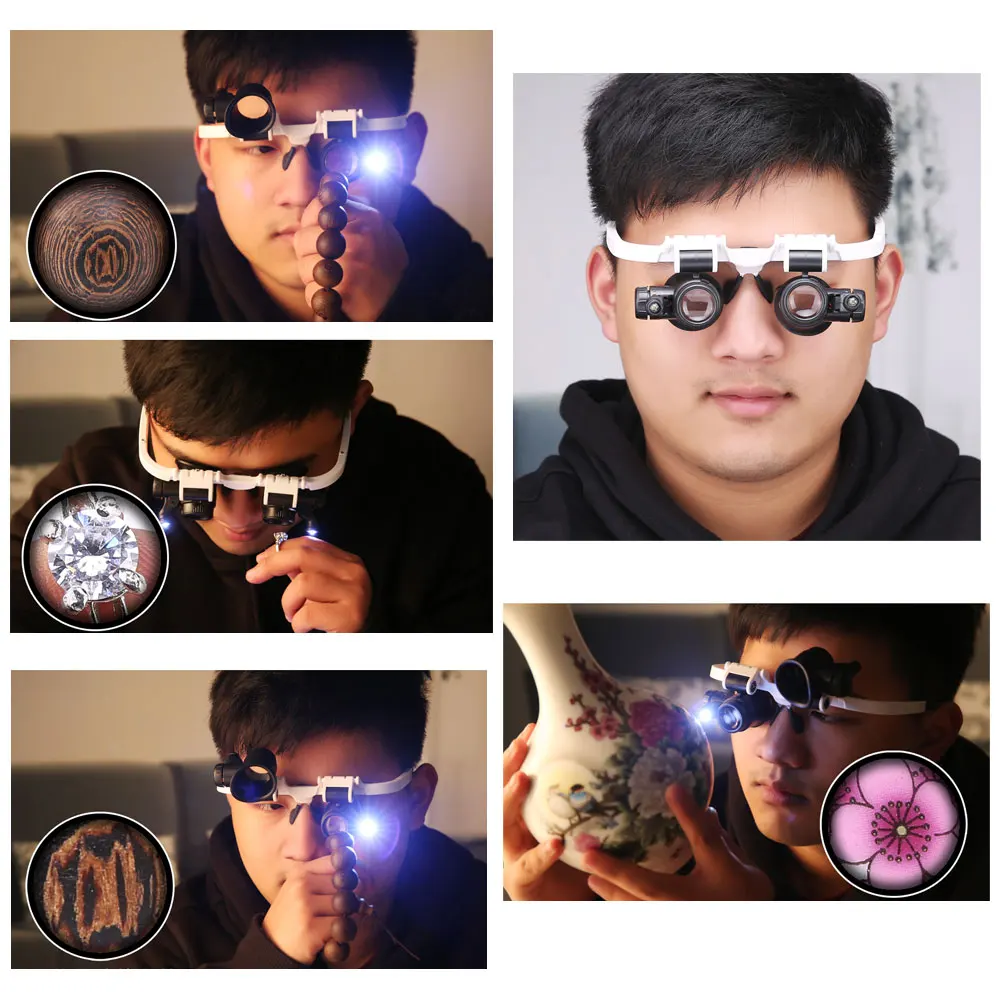 Head-wearing Glasses Magnifying Glass LED Light Jeweler Loupe 8X/15X/23X Welding Soldering Tools 1*LED Magnifier