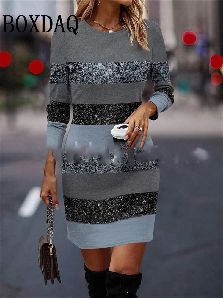 Spring Fashion Women\'S Pullover Dress Elegant Casual Round Neck Long Sleeve Dress Stripe 3D Print Dresses Women New Arrival 2024