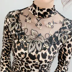 2023 Autumn and Winter Women's Pullover Round Neck Lace Leopard Printing Slim Underlay Fashion Casual Elegant Commuter Tops