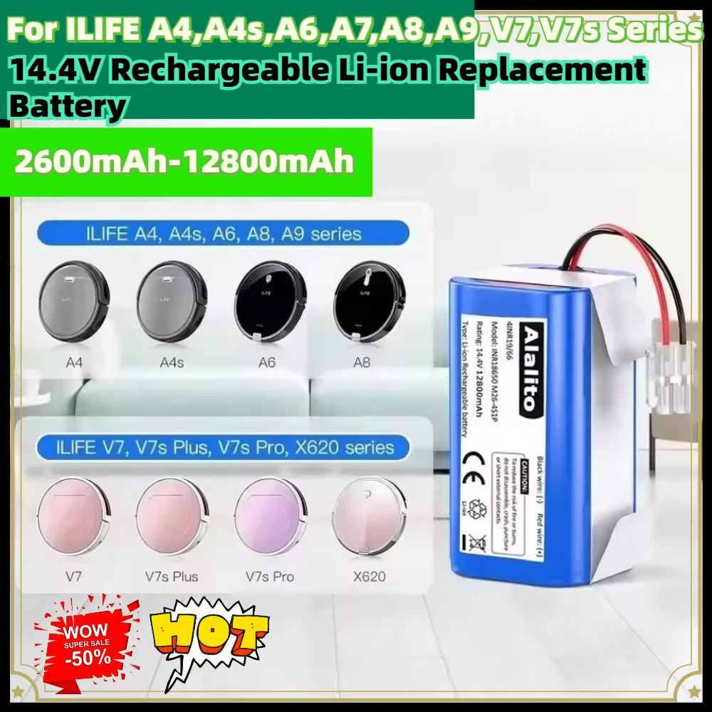 14.4V Rechargeable Li-ion Replacement Battery,12800mAh High Capacity for ILIFE A4 A4s V7 A6 V7s Plus Robotic Vacuum Cleaner