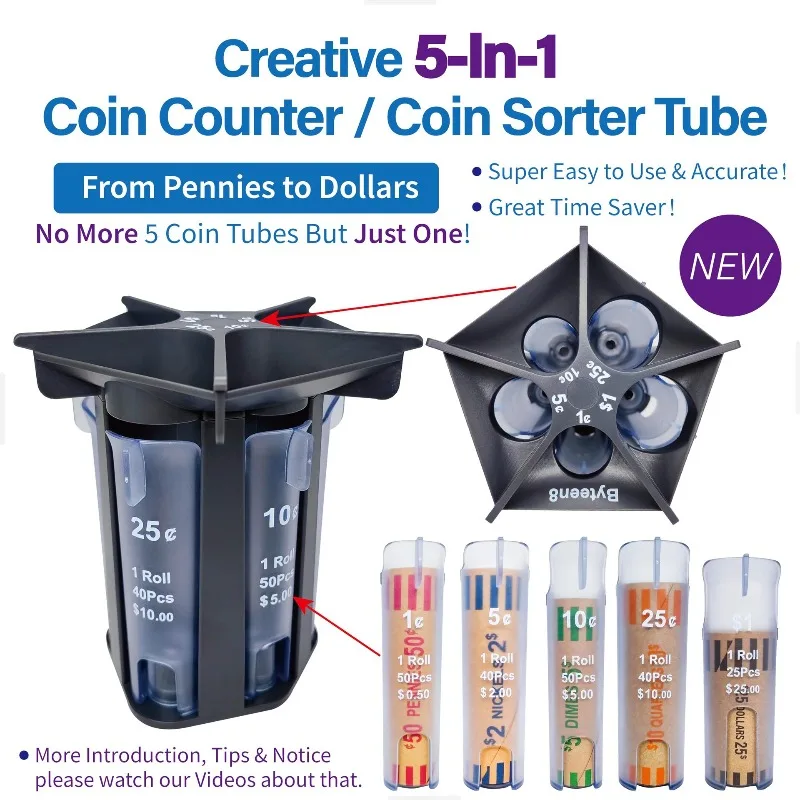 Creative 5-in-1 Change Sorter Coin Organizer，Coin Bank Holder Coin Wrappers，Super Easy To Use & Accurate，Great Gift for Kids
