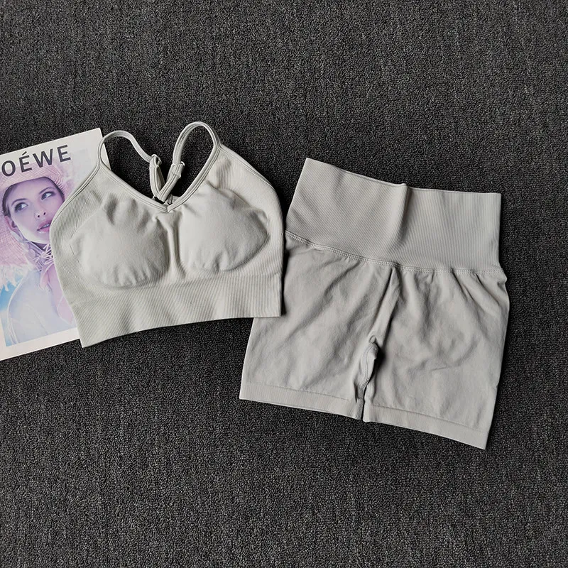 2 Pcs Women's High Waist Yoga Sets Summer Workout Gym Wear Sports Suits Fitness Tracksuit Outfit Sports Bra Short Sets