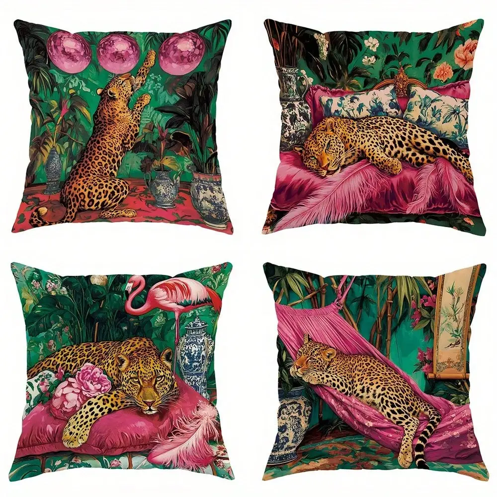4pcs Tropical jungle animals Single-sided printing Short plush Suitable for living rooms bedrooms sofas (excluding pillow cores)