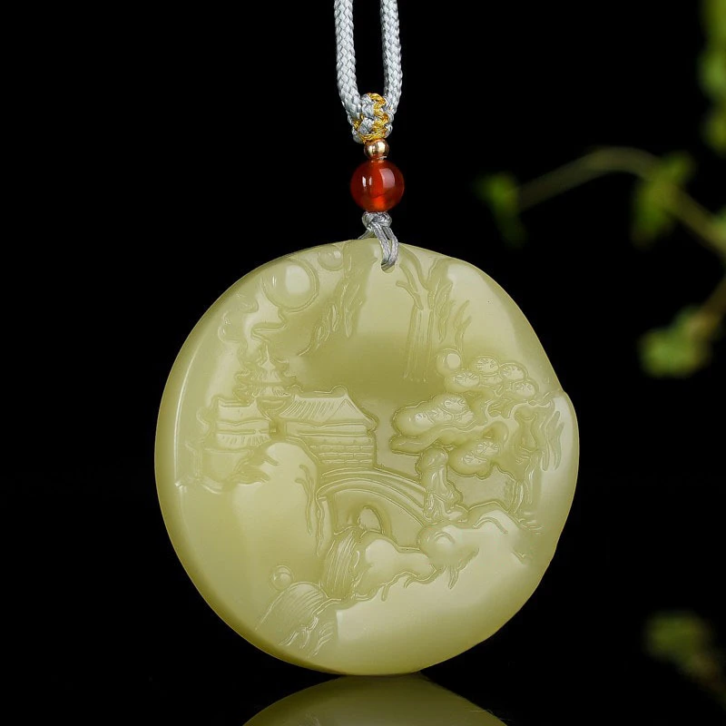 Blue and White Jade Round Landscape Artistic Conception Brand Pendant for Men and Women with Yellow Mouth Jade Pendant