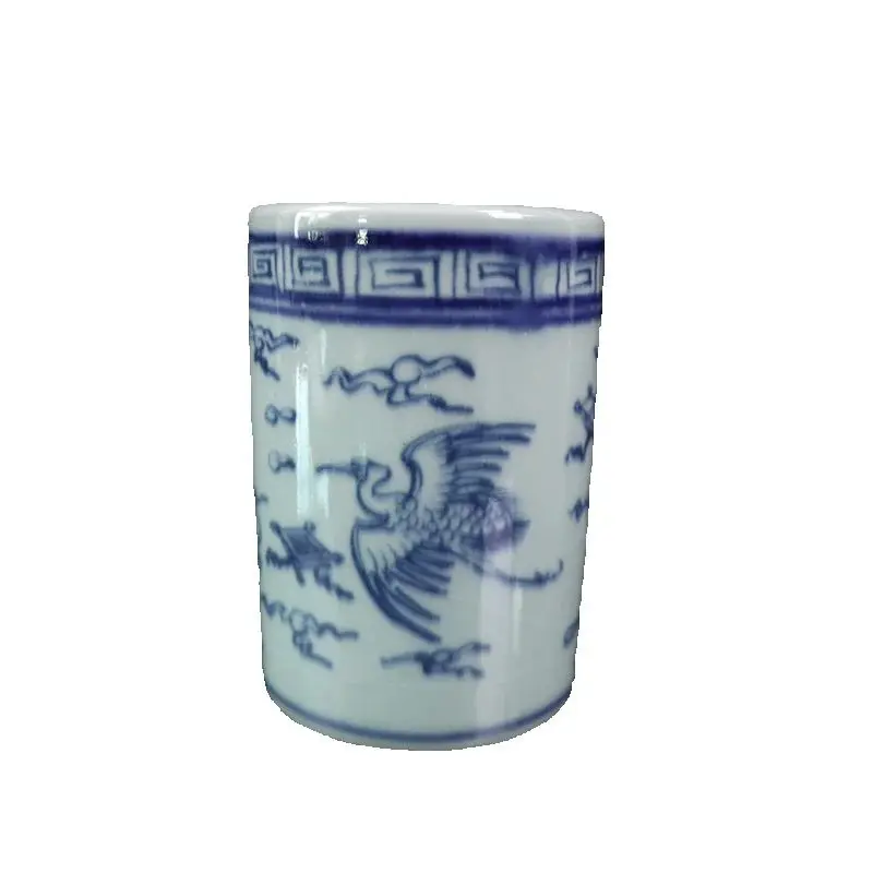 

Chinese Old Porcelain Cylindrical Vase Blue And White Fairy Phoenix Patterned Antique Decorative collectibles