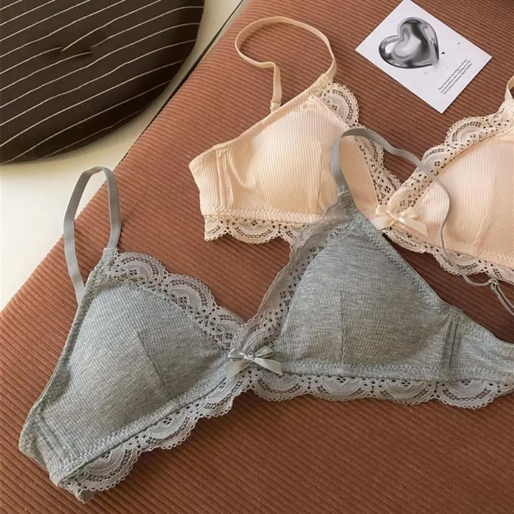 บราไร้สาย Sweet Sweet แบบเว้าลึก ป้องกันการหย่อนคล้อย ชุดชั้นในลูกไม้ผูกโบว์ สไตล์ฝรั่งเศส กันกระแทก บราดันทรงสำหรับสาวๆ