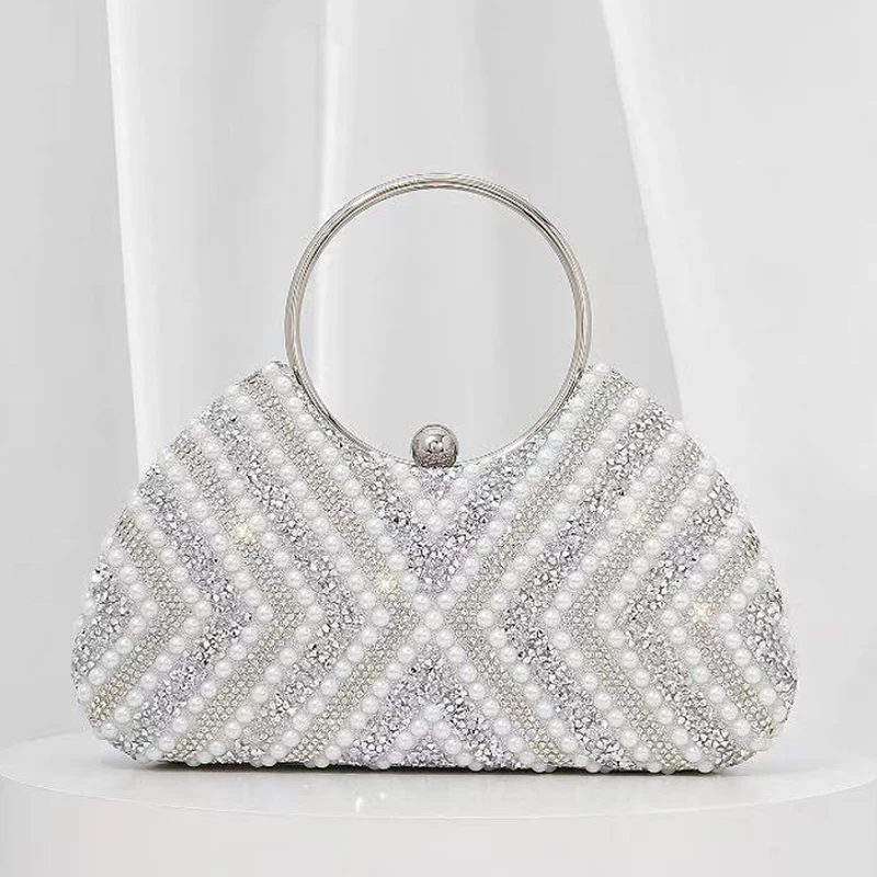 

Luxury Women Pearl Evening Bag Sparking Diamonds Clutch Bag Elegant Beading Embroidered Glitter Rhinestones Bags Dress Party Bag