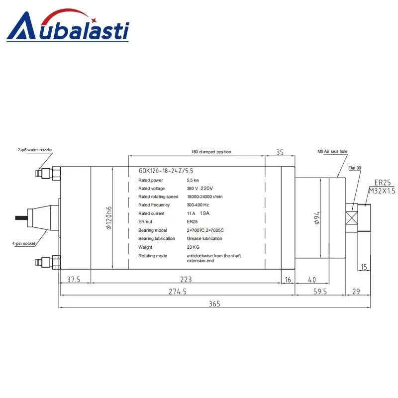 Aubalasti CNC Water Cooling Spindle 5.5kw Constant Torque Spindle Motor 220V 380V ER25 for CNC Stone Cutting GDK125-18-24Z