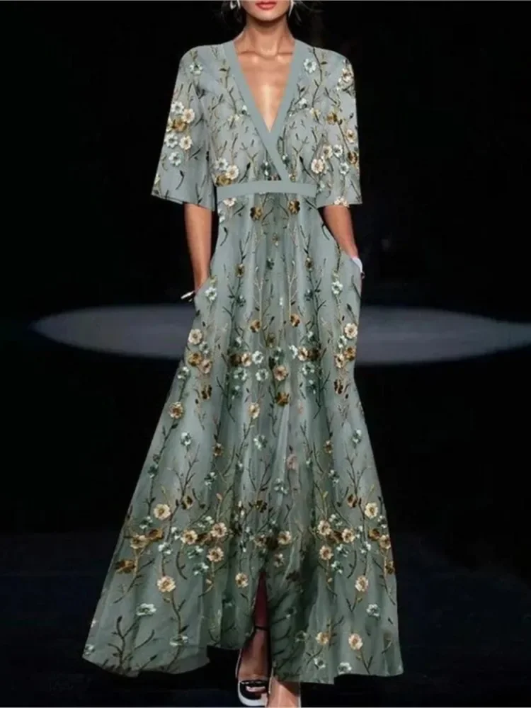 Moda damska Wiosenna sukienka z dekoltem w kształcie litery V i paskiem Seksowna sukienka w kształcie litery A Boho Sukienki maxi z krótkim rękawem i kieszeniami