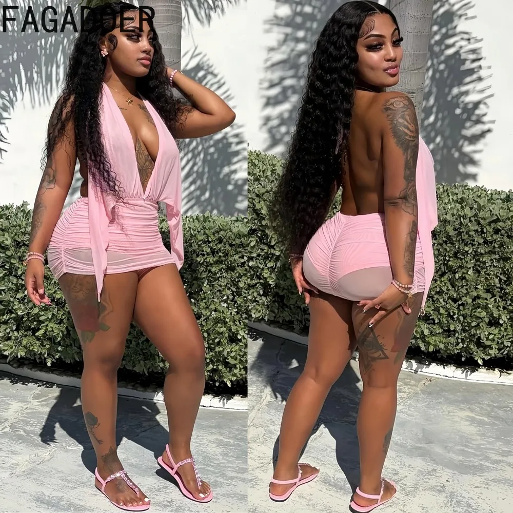 

FAGADOER Sexy Ruched Patchwork Bodycon Dresses Woman See Through Halter Sleeveless Backless Dress Female Streetwear Vestidos New