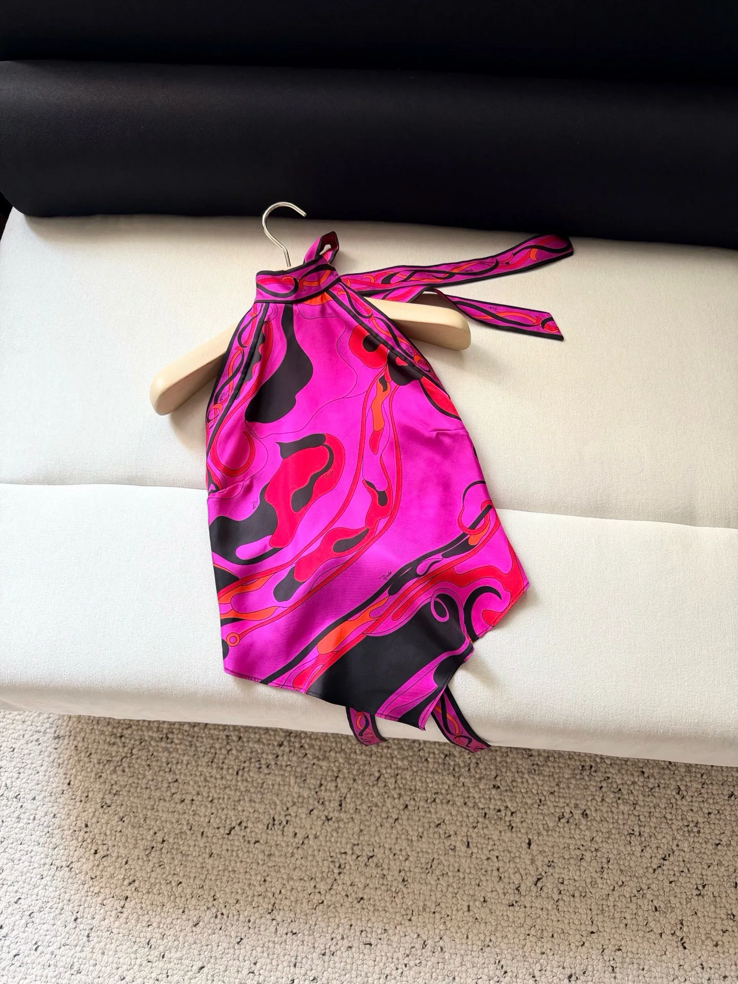 

Women Y2K Satin Halter Neck Scarf Top Pink Abstract Swirl Print Backless Tie Crop Tops Summer Asymmetrical Sleeveless Camisole