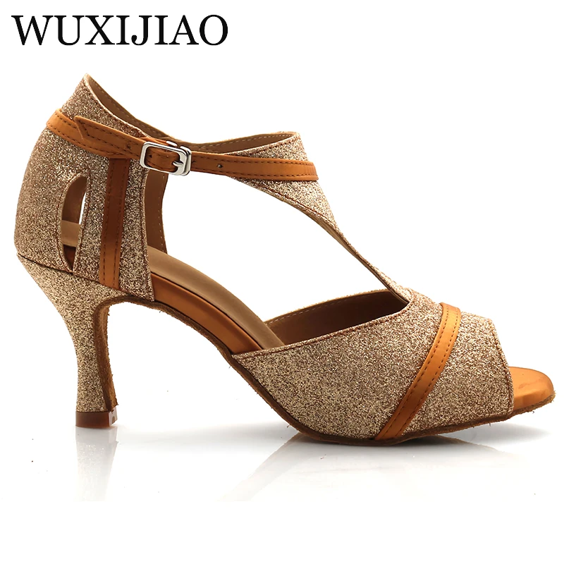 

WUXIJIAO Женские туфли для латинских танцев с золотой блестящей тканью, высота каблука 10 см, профессиональные танцевальные туфли Саша