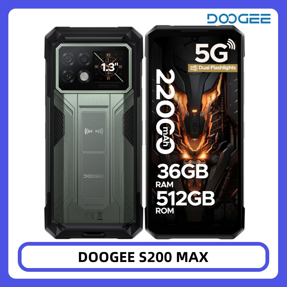 DOOGEE S200 Max Outdoor-Smartphone 36GB+512GB 22000mAh 66W Dual-LED-Taschenlampe 1,32 Zoll Rückdisplay Dimensity 7050 108MP Kamera NFC
