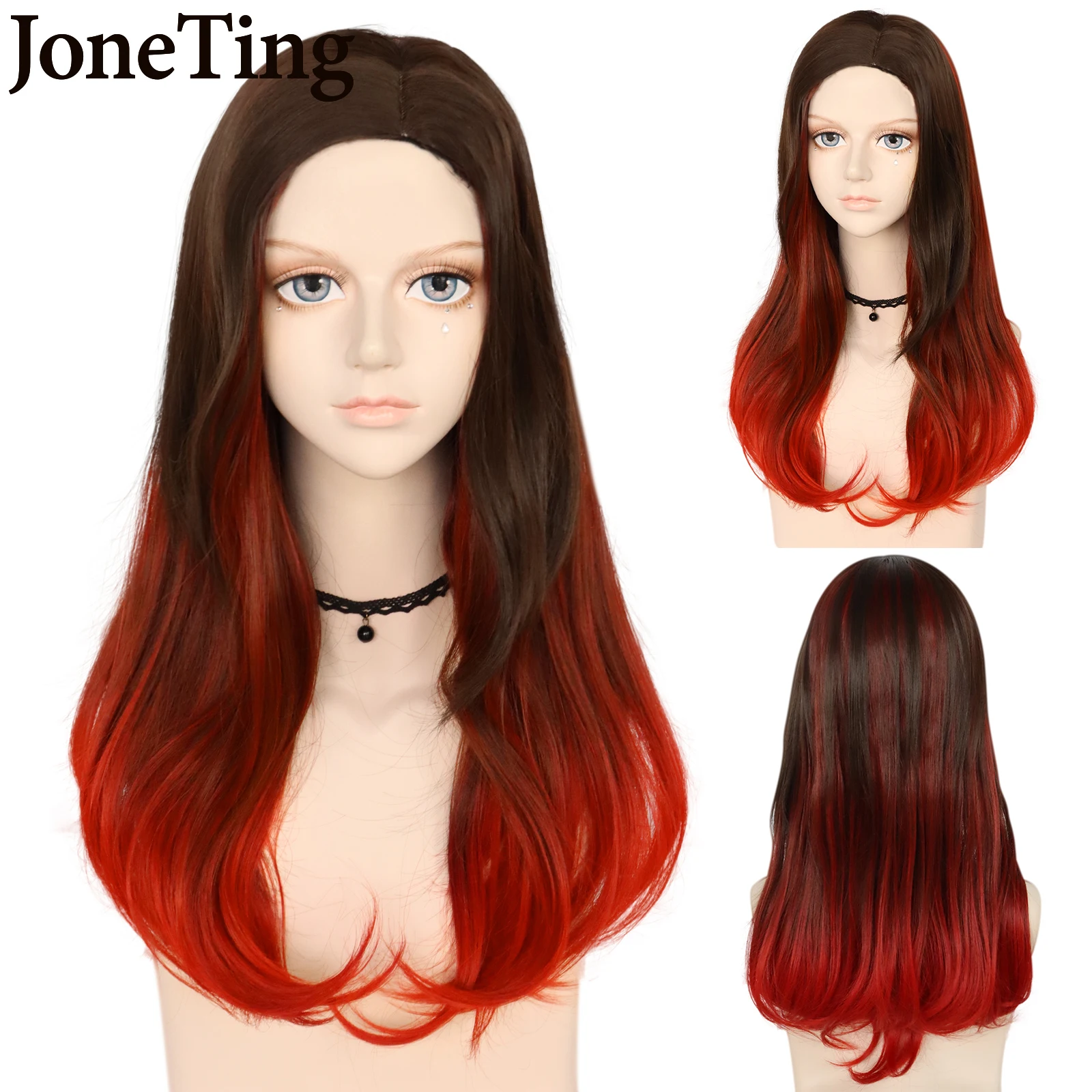 

JT Synthetic Gamora Wig Anime Role Play Wig Long Natural Wave Wig with Bangs Ombre Black Red Brown Heat Resistant Fiber Hair