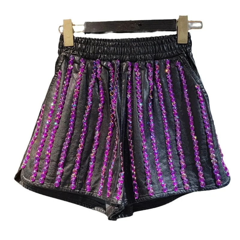 RapIndustry-Short diamant violet cousu à la main pour femme, jambes larges, pantalon en cuir noir, vêtements d'extérieur d'automne, marchandises européennes