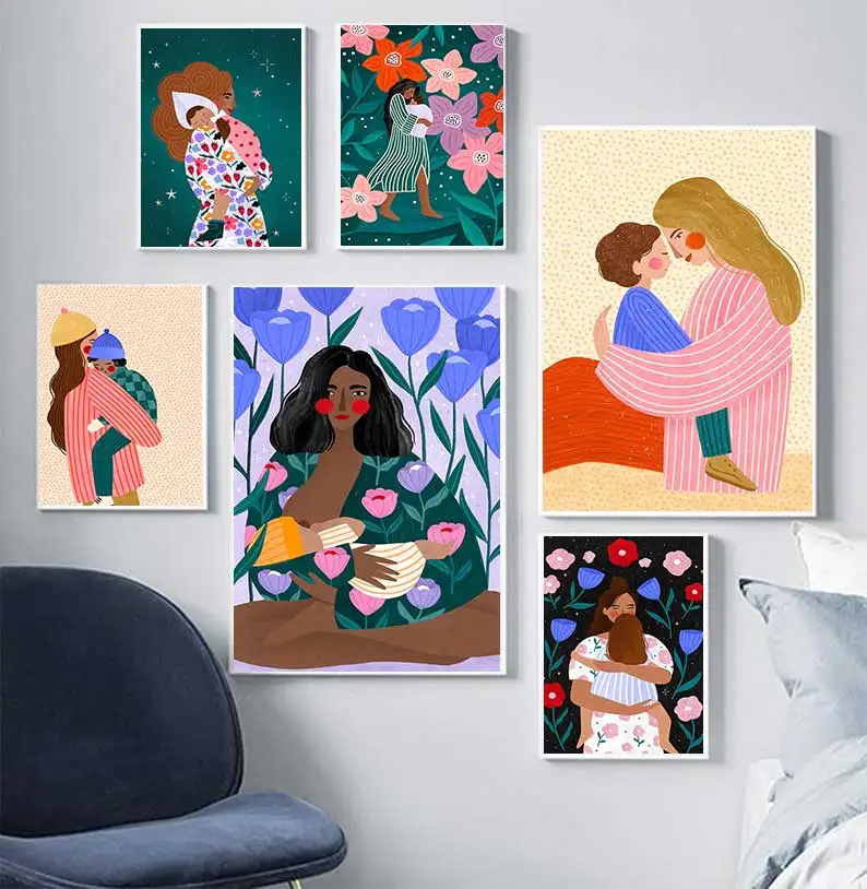 Young Mum Poster Maternal Love Floral Minimalist Wall Art Print Canvas  Posters for Living Room Modern Home Decor