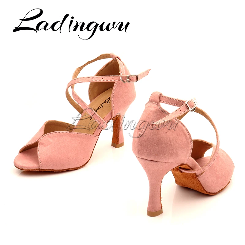 Ladingwu Hot Women Dance Shoes Latin Ballroom Dance Shoes Ladys Girls Salsa Dance Shoes Pink Suede Simple Style