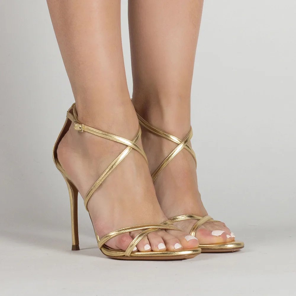 

Metallic Gold Leather Strappy Cover High Heel Sandals Woman Peep Toe Buckle Cross-strap Summer Narrow Band Elegant Banquet Shoes