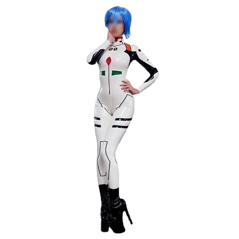 Latex Rubber  White Bodysuit Casual Locomotive suit Fashion Jumpsuit