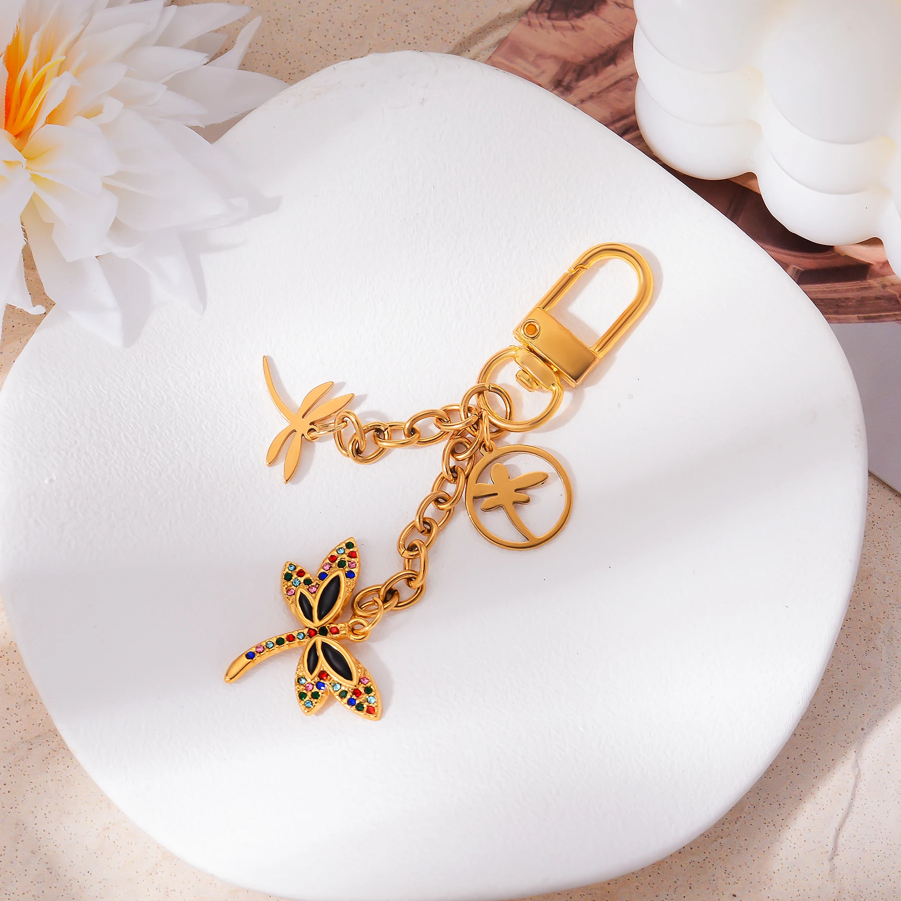2PCS Cute Enamel Dragonfly Charm Stainless Steel Key Chain Handbag Earphone Box For Women's Exquisite Accessories Jewelry Gifts