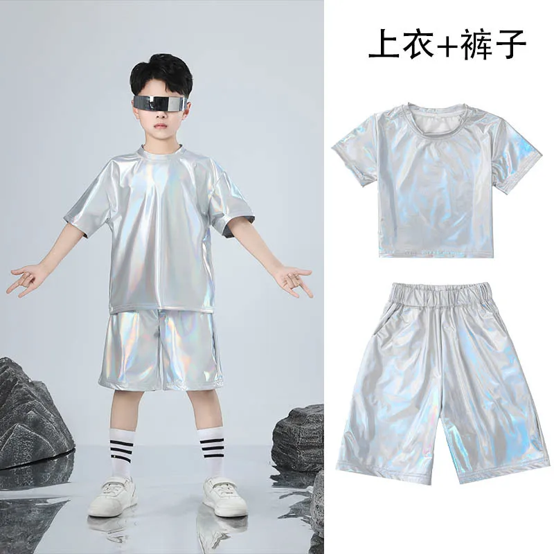 Set hip-hop per ragazzi e ragazze Costume da ballo jazz color argento Abiti da spettacolo per bambini Costume da ballo di strada di moda
