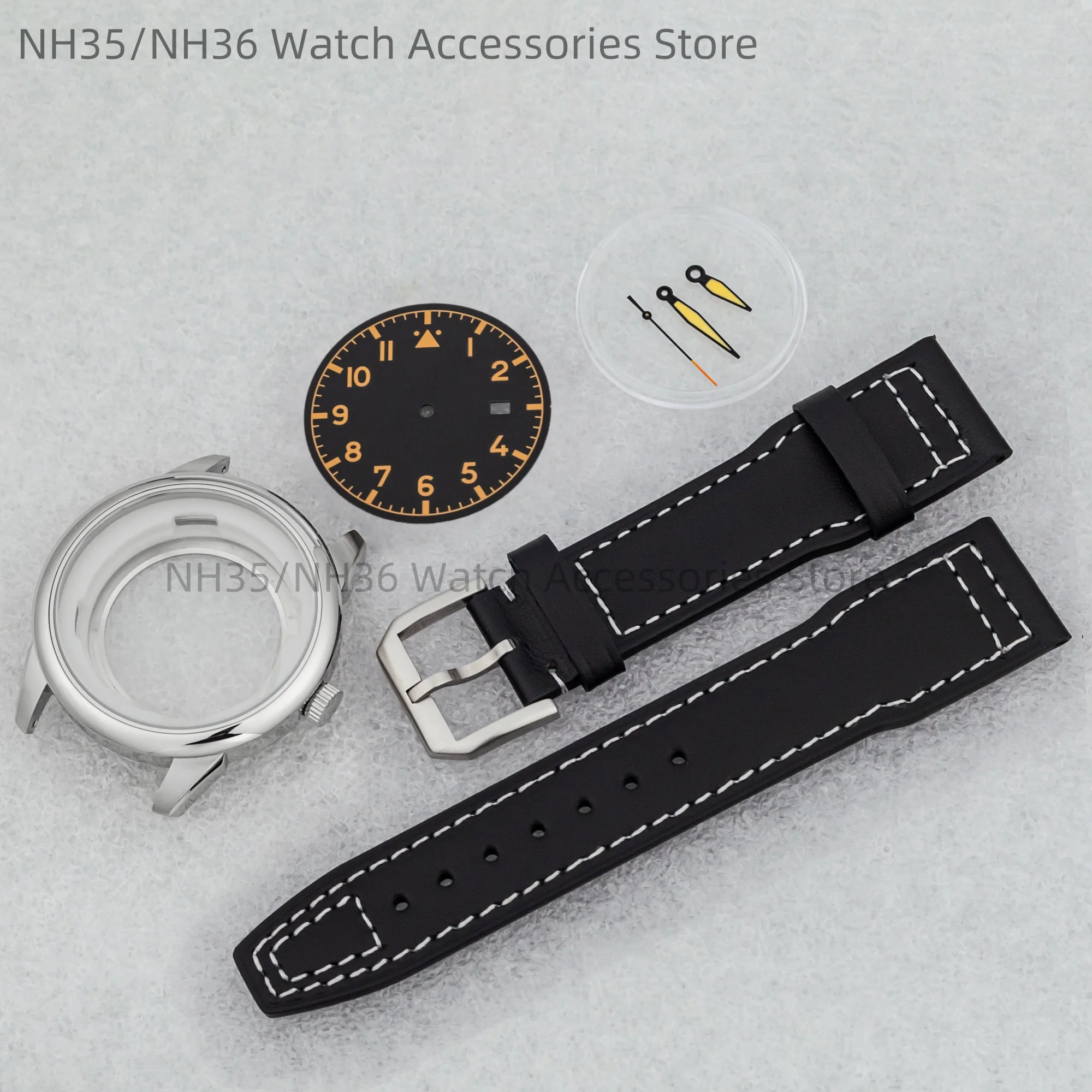 

42.7mm Watch Case NH35 Case Genuine Leather Watch Strap Luminous Dial Hands Stainless Steel for Mark XX fit NH35 NH36 Movement
