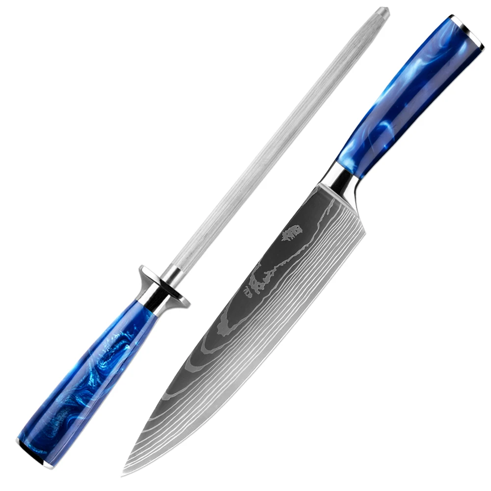 

XITUO Chef Knife and Knife sharpening stick Combination Set Blue Resin Handle Fast Sharpness knives Best Kitchen Cooking Tools