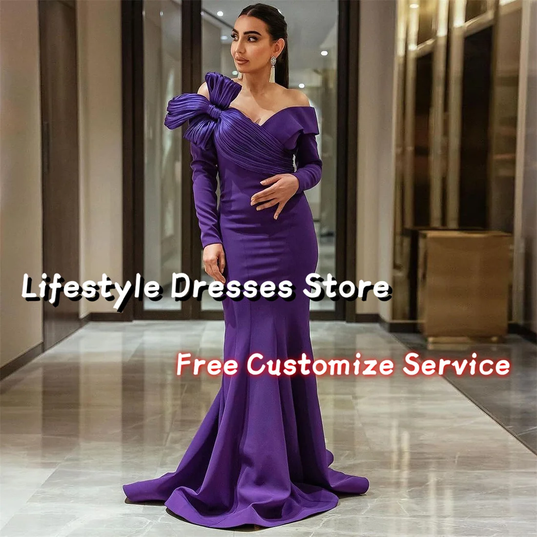 Customized Pleated Bow Off Shoulder Elegant Evening Dresses 2024 Long Sleeves Mermaid Purple Party Gown فساتين للمناسبات الرسمي