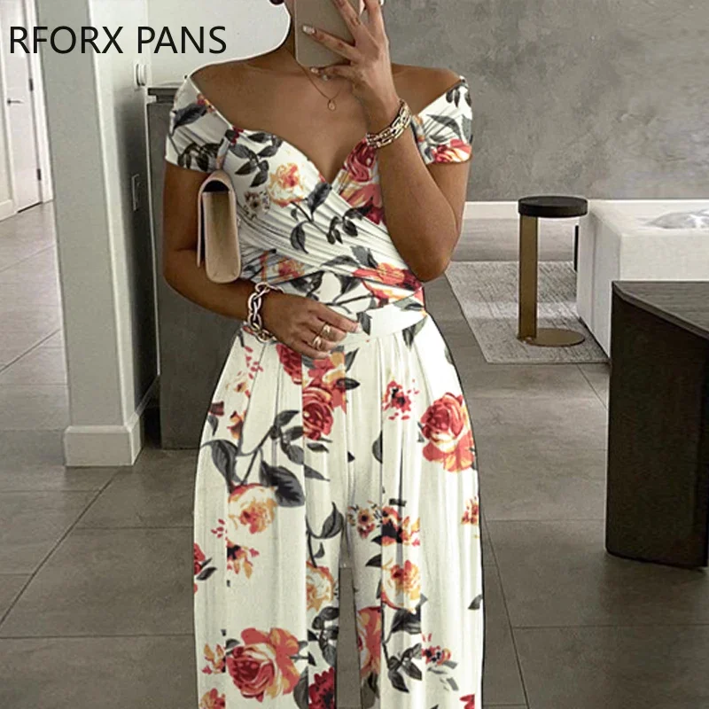 Women Clothes Floral Print Short Sleeve Wide Leg Jumpsuit Casual Look for Women 2021