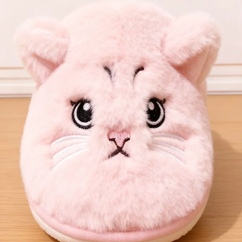 Solid Color Faux Fur Cat Home Slippers Couple Winter Warm Plush Soft EVA Slides Women Indoor Non-slip Sandals Adults Flip Flops image 5