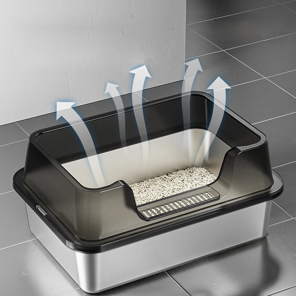 Bac à litière pour chat en acier inoxydable avec couvercle et cuillère pour grand chat XL, bac à litière en métal avec boîtier à côtés muraux hauts, Non collant